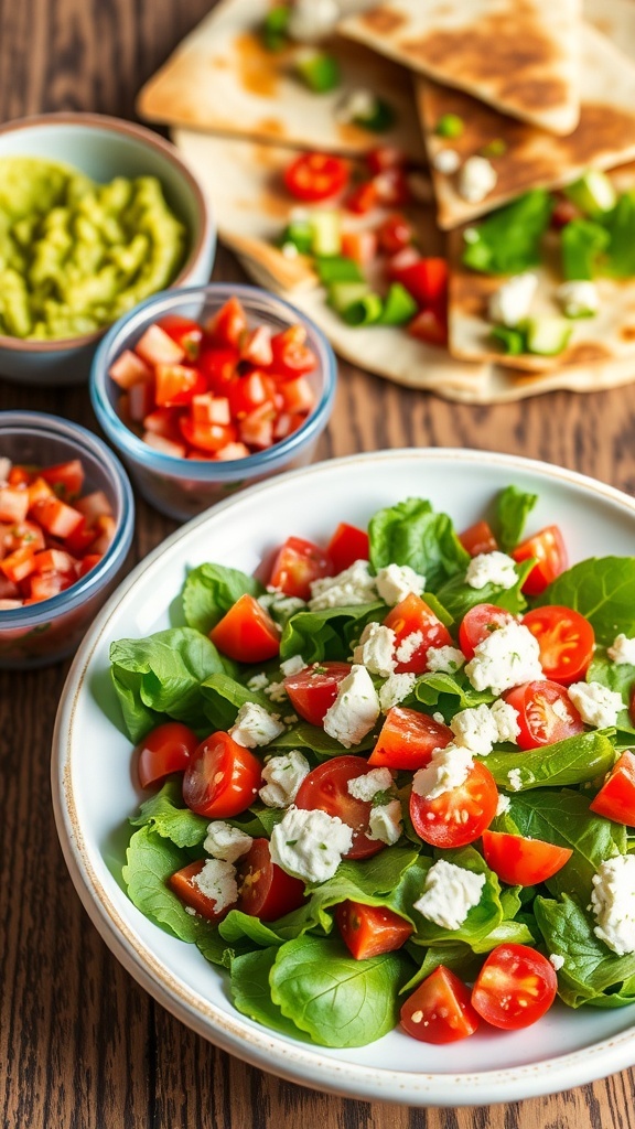 A colorful display of guacamole, salsa, and salad as sides for quesadilla meals on a wooden table.